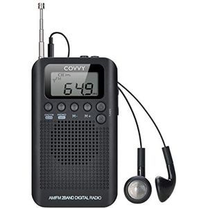 AM, COVVY 2-bandradio, digitaal, 12/24-uurs tijdweergave, radio, op batterijen werkende radio, persoonlijke stereo-radio met hoofdtelefoon, luidspreker, wekker en timer voor hardlopen, hardlopen en