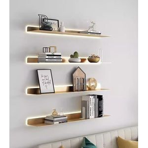 Floating Wall Shelves, Iron With Lights Laminate Wall-mounted A Word Metal Partition Creative Decorative Light Luxury Bookshelf Luminous Wall Shelves (Color : Gold, Size : 150x20x6cm)