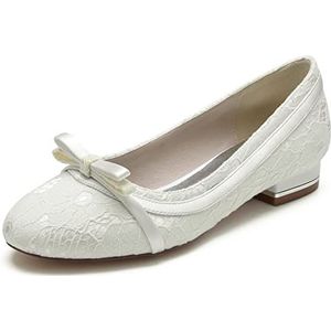 Dames Ronde Neus Kant Trouwschoenen Lage Hak Ballet Flats Slip on Bruidsschoenen,ivoor,36 EU