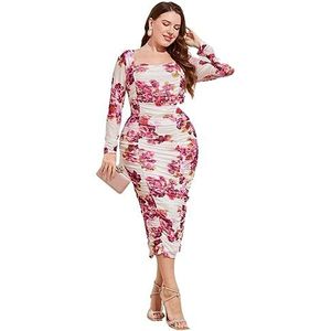 voor vrouwen jurk Plus bodycon-jurk met ruches en mesh met bloemenprint (Color : Multicolore, Size : XL)