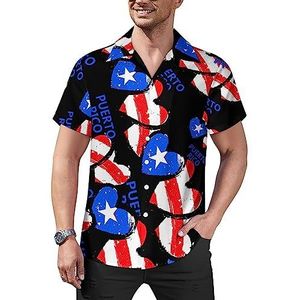 Vlag van Puerto Rico Hart Heren Casual Button-Down Shirts Korte Mouw Cubaanse kraag Tees Tops Hawaiiaans T-shirt M