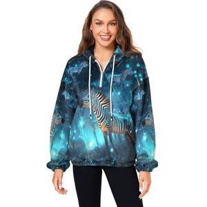 KAAVIYO Blue Space Flying Zebra's pluizige jas pullover hoodie capuchon zakken fuzzy fleece sweatshirt ronde hals truien hoodies voor meisjes vrouwen, Patroon, L