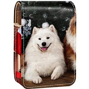 Kerst Leuke Hond Puppy Pet Draagbare Lipstick Case voor Reizen,Mini Lipstick Opbergdoos met Spiegel voor Vrouwen Dames, Lederen Cosmetische Pouch, Meerkleurig, 9.5x2x7 cm/3.7x0.8x2.7 in