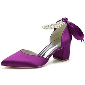 Dames Mid Chunky Blokhakken Trouwjurk Schoenen Parels Enkelbandje Bruidspumps Puntige neus Avondfeest Sandalen,Purper,36 EU