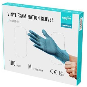 EUROPAPA 100x Vinyl handschoenen, wegwerphandschoenen, onderzoekshandschoenen, latexvrij, poedervrij, vinyl handschoenen, verkrijgbaar in maten S, M, L en XL (blauw, M)