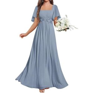 KURFACE Chiffon Moeder van de Bruid Jurken met Mouwen Kant Applique Flutter Mouw Bruidsmeisje Jurk Formele Jurk, Dusty Blauw, 32