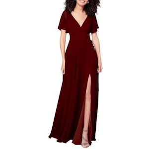 HPPEE Jurken voor dames, V-hals, bruidsmeisjesjurk met split, fladdermouwen, chiffon, formele avondjurk, zomerbruidsmeisje, Bordeaux, 32