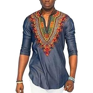 ZUKETANG Heren Afrikaanse traditionele kleding katoen etnische dashiki outfits casual etnische middellange traditionele lange mouw effen kleur shirt en broek-blauw||XL