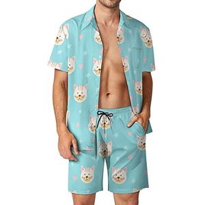 Cat Faces And Stars Hawaiiaanse bijpassende set voor heren, 2-delige outfits, button-down shirts en shorts voor strandvakantie