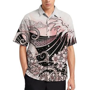 Japanse golf O-ctopus en kersenbloesem zomer herenoverhemden casual korte mouwen button down blouse strand top met zak 2XL