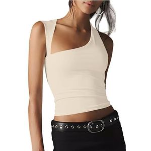Asymmetrische Mouwloze Crop-tops voor Dames, Sexy Off-shoulder Tanktop, Casual Basisshirt(Color:White,Size:L)