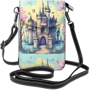 Fairytale Castle lederen crossbody flip telefoontas met afneembare schouderbanden, gebruikt voor reizen, dating, vakantiegeschenken, Zwart, Eén maat