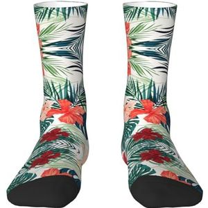 Longyiyi Vegetatie bladeren met hibiscus bloemenprint Volwassen kleurrijke halflange sokken met man en vrouw voor dagelijks gebruik, casual, sport., Wit, One size