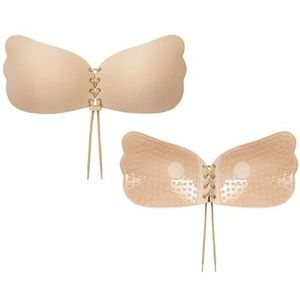 SPRINGSY Plakbeha push-up voor perfect decolleté, zonder bandjes, rugvrij, huidvriendelijk en ademend, onzichtbare plakbeha, grote borst met trekkoord, beige, D