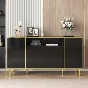 Idemon Sideboard, hoogglanzende zwarte ladekast met 2 laden, ladekast, hoogglanzend zwart dressoir, B150/T40/H80 cm