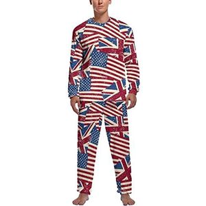 Retro Amerikaanse En Britse Vlag Zachte Heren Pyjama Set Comfortabele Lange Mouw Loungewear Top En Broek Geschenken L