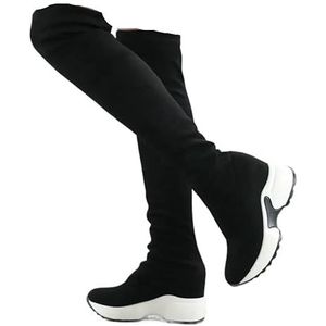 Stretchstoffen over de knie laarzen Hoogte toenemende ronde neus Damesschoenen Herfst Winter Casual lange laarzen Maat 34-43 (Color : Black, Size : 4)