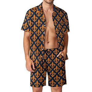 Lily (fleur De Lis) print Hawaiiaanse sets voor heren, button-down trainingspak met korte mouwen, strandoutfits, M