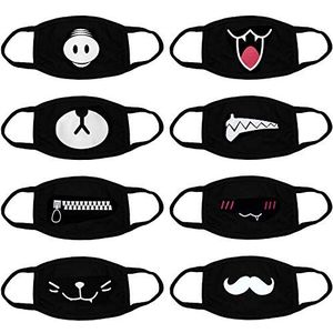 ZOYLINK ZOYLINK Mondmasker, 8 stuks, katoenen masker, ademend, herbruikbaar, voor beer, varken, neus, tanden, anime-masker voor mannen en vrouwen, zwart