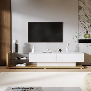 Aunvla TV-kasten, lage planken, combinatie van hoogglans wit en houtkleuren. Glazen scheidingswanden en variabele LED-verlichting. Het combineert een natuurlijke landelijke stijl met een modern