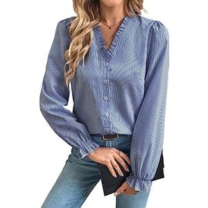 dames topjes Striped Print Frill Trim Blouse (Color : Blue and White, Size : XL)