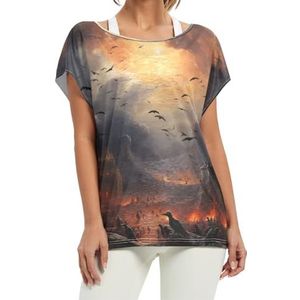 Olieverfschilderijen pinguïn artwork dames korte vleermuismouwen shirt ronde hals T-shirts losse tops voor meisjes, Patroon, XL