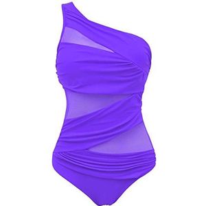Ocean Plus Dames Figuurvormend Netachtig Asymmetrisch Badpak Effen Kleuren Mesh Hooggesloten Netstof Een Stuk Badmode Grote Maten (L (EU 38-40), Asymmetrie paars)