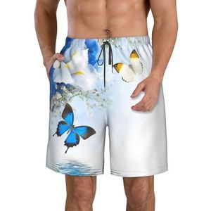 PHTZEZFC Strandshorts voor heren, bloemen- en vlinderprint, zomervakantie, strandshorts, casual, lichtgewicht trekkoord, Wit, M