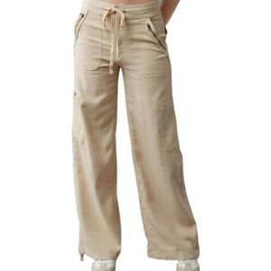 Linnen Blend Wijde Broek, Dames Casual Linnen Hoge Taille Broek, Dames Linnen Cargo Broek Met Ritszakken, Losse Trekkoord Hoge Taille Cargo Broek (2XL,Abrikoos)