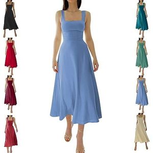 NEW WOMEN'S THICK STRAPS MIDI DRESS, Solid Color Ruffle A Line Beach Slim-fit Waist Dress (3XL,C)