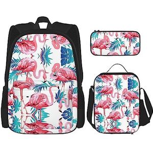 DEXNEL Flamingo Groene rugzak met plantenblad en vogelblad, set van 3 schoolrugzakken, bijpassende combo voor universum-toepassing, Zwart, Eén maat, Schooltas Set