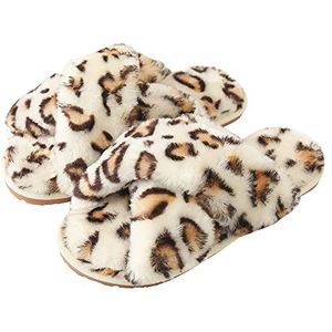 Pantoffels Dames Pluizige Pluche Sloffen Instap Warme Slippers Winters Huisschoenen Beige luipaard EU 39/40 voor labelgrootte 40/41