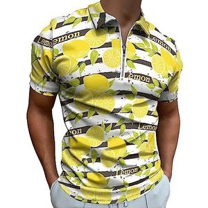 Citroenen op Donkergrijze Strepen Polo Shirt voor Mannen Casual Rits Kraag T-shirts Golf Tops Slim Fit