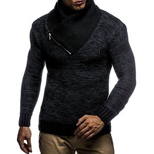 Leif Nelson LN7060N Gebreide trui voor heren, gebreide trui, sjaalkraag, slimfit, winter, zomer, moderne zwarte trui, T-shirt met lange mouwen en kraag, zwart-antraciet, L