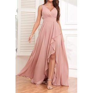 Diepe V-hals Prinses Bruidsmeisjes Jurken Chiffon Galajurken met Split Formele Avondjurk ZM201, Koraal, 32