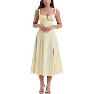 Midi-jurk met korset for dames, zomer boho mouwloze vierkante hals zwierige print split lace up getailleerde sprookjesjurk (Color : Yellow, Size : Small)