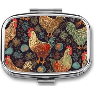 Pillendoosje met kippenprint en 2 compartimenten, pillenorganizer, draagbare vierkante pillendoos, organizer voor vitaminepillen voor portemonnee en reizen