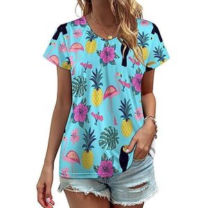 Toucan And Flamingo Ananas Dames V-hals T-shirts Leuke Grafische Korte Mouw Casual Tee Tops S