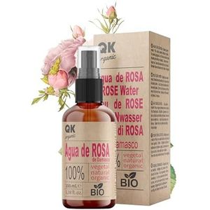 QKnatur - Biologisch damast rozenwater 100 ml - 100% pure en natuurlijke gezichtstoner - Gezicht, oogcontour, lichaam, haar - Glazen fles met spray