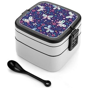 Kleurrijke Vlinders en Bloemen Bento Lunch Box Double Layer All-in-One Stapelbare Lunch Container Inclusief Lepel met Handvat