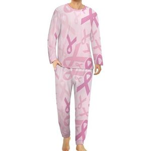 Roze Borstkanker Bewustzijn Comfortabele Heren Pyjama Set Ronde Hals Lange Mouw Loungewear met Zakken 5XL