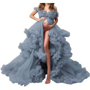 Tule gewaad zwangerschapsjurken voor fotoshoot lange bruiloft bruids zwangere kamerjassen grote maat, Dusty Blauw, 32