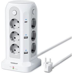 TESSAN - Stekkerdoos - Zwart - 12 Voudige Stekkerdoos met 4 USB A en 2 USB C - 2M