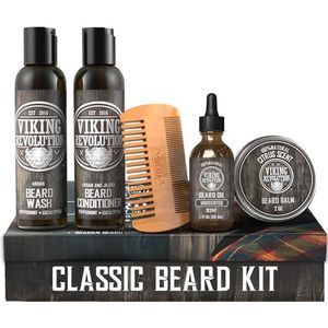 Viking Revolution - Baardset voor heren – zacht & hydrateert – met shampoo & na shampoo, baardkam, balsem en baardolie voor heren – cadeau voor heren – klassiek
