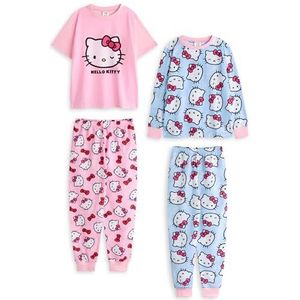 Hello Kitty meisjes pyjamaset, set van 2 | Blauw en roze Kitty-witte grafische top met korte mouwen en pyjamabroek met lange pijpen | Kinderkitten-personage met all-over print nachtkleding Sanrio