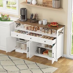 YuQozii Buffetdressoir 140 cm met opbergruimte, koffiebar met 3 laden, console in landhuisstijl met deuren, kasten met legplanken, geschikt voor keuken, woonkamer, hal, rustieke stijl, wit/bruin