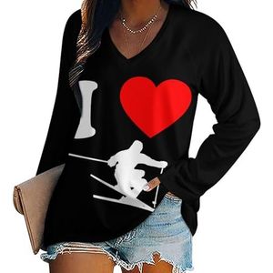 I Love Ski Dames Casual Lange Mouw T-shirts V-hals Gedrukt Grafische Blouses Tee Tops L