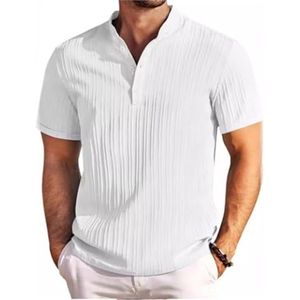 Casual Overhemden Met Korte Mouwen For Heren, Overhemd, Bandkraag, Zomerstrand, Getextureerde Overhemden(Color:Blanc,Size:M)