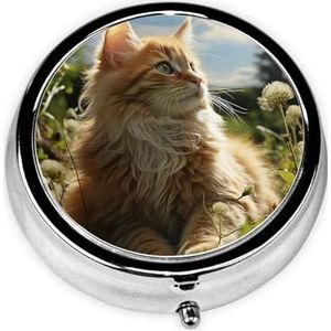 Pillendoosje met spiegel, retro pillendoosje met 3 vakken, kattenzittend in groen veld, kleine pillenorganizer voor portemonnee of zak, decoratieve metalen medicijn-vitamineorganizer, unieke