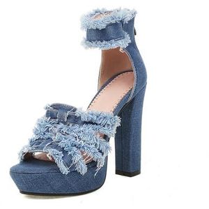 YhdtHSF 12 cm enkelriem peep toe rug ritssluiting hoge hakken denim sandalen casual alledaagse schoenen, Blauw, 35 EU
